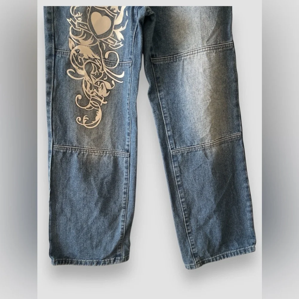 Women Low Rise Washed Baggy Jeans Heart Floral Graffiti Wide Leg Denim Sz Sm - Picture 5 of 7